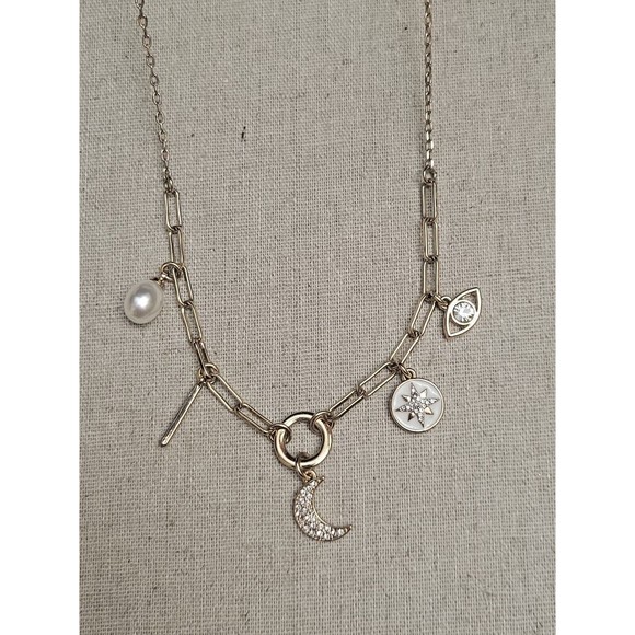 EXPRESS Charm Pearl Crescent Moon Compass Rose Yellow Gold Tone Necklace - Picture 3 of 6